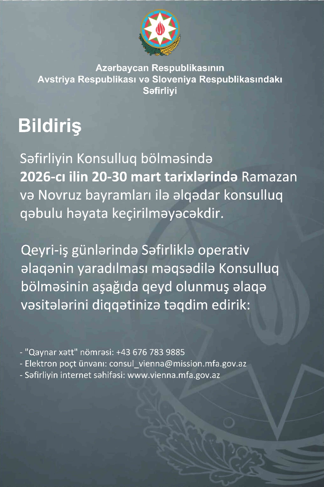 Feiertage der Konsularabteilung der Botschaft Xeber basligi